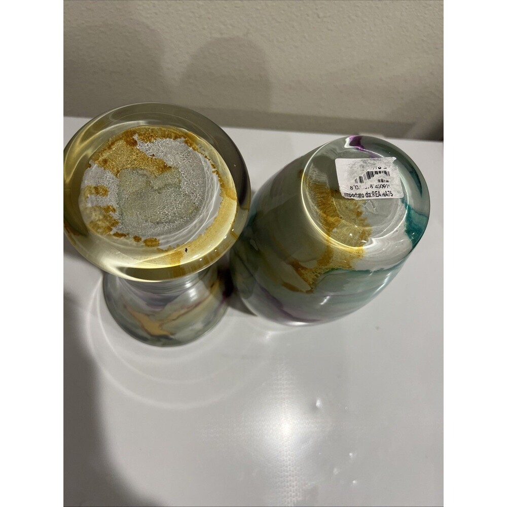 Swirl Vase Reverse Painted Watercolor Art Glass Italy Lot Of 2 Blue Purple Etc - Picture 6 of 13